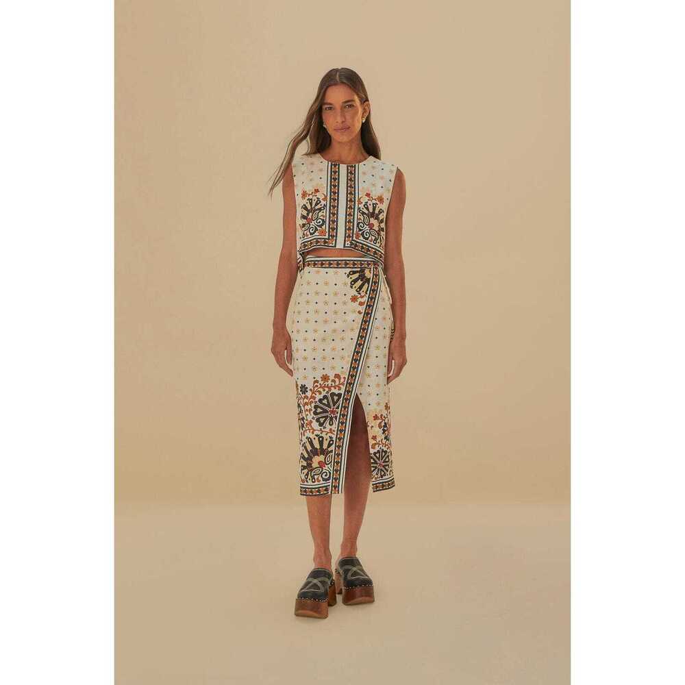 Flower Fan Tapestry Off-White Wrap Midi Skirt